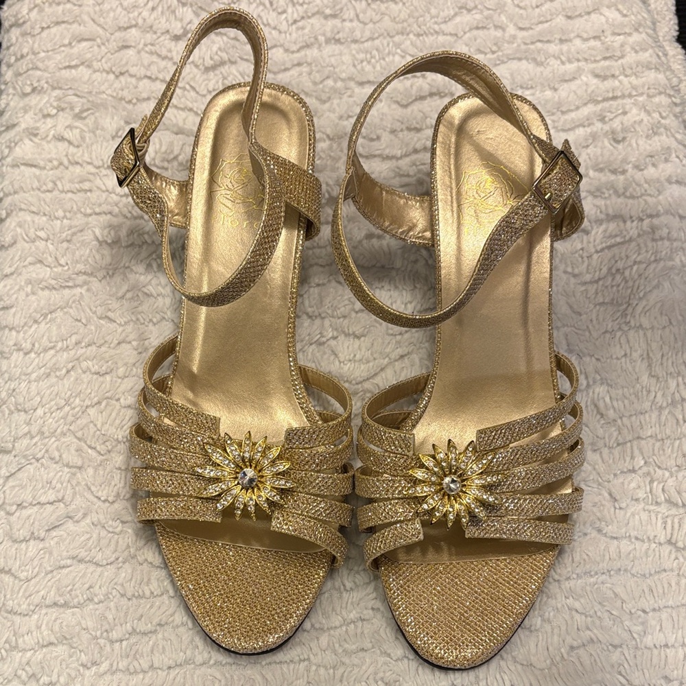 Floral Gold Women's Heeled Sandals - Size 10 WW